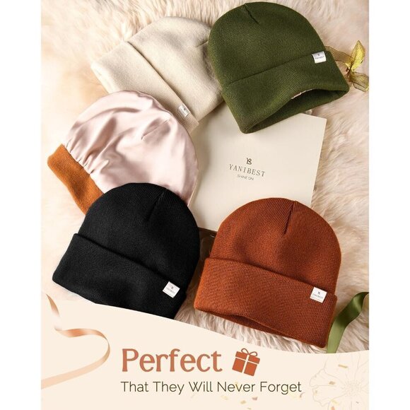 ?Yanibest Women Black Satin Lined Knit Beanie Silk Soft Slouchy Warm Cuffed Hat main image 6